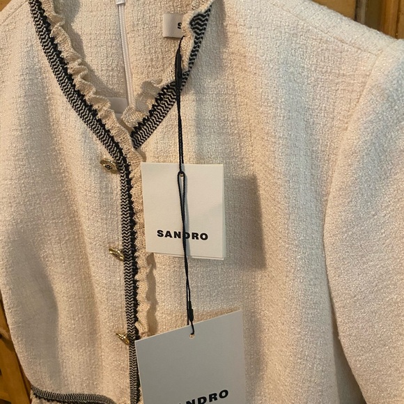 Sandro Paris Tweed Dress in Ecru • Gold accent buttons • Black lace trim - Picture 2 of 7